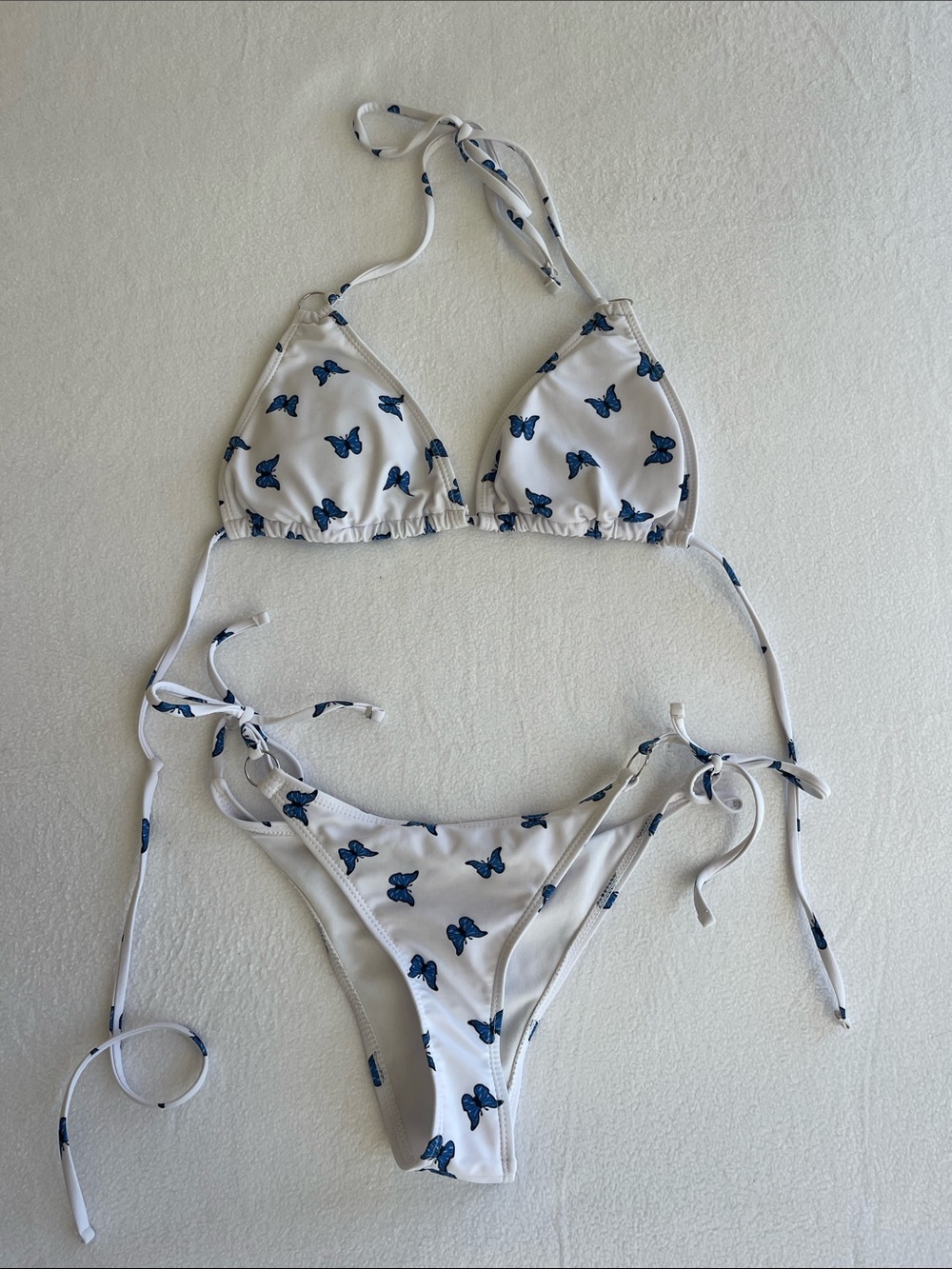 White Blue Butterfly Print String Bikini Set Triangle Tie Side Swimwear Size S